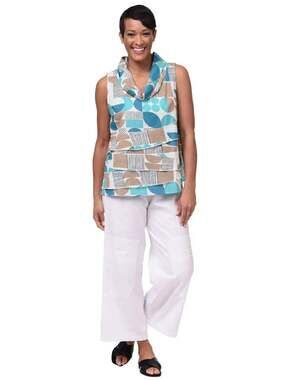 NWT Tulip Clothing Leilani Top Cowl Neck Sleeveless Cotton Tiered Geo Print M